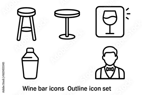 Wine bar outline icons collection – bar stool, tall pub table, glowing wine glass neon sign, cocktail shaker, male bartender avatar – minimal linear vector set for menu décor and hospitality design