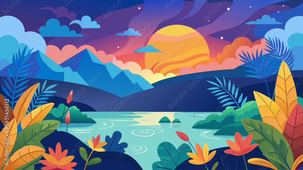 Obraz premium Vector art of vibrant sunset over a serene mountain landscape with a reflective river and colorful foliage, creating a picturesque and atmospheric natural scene