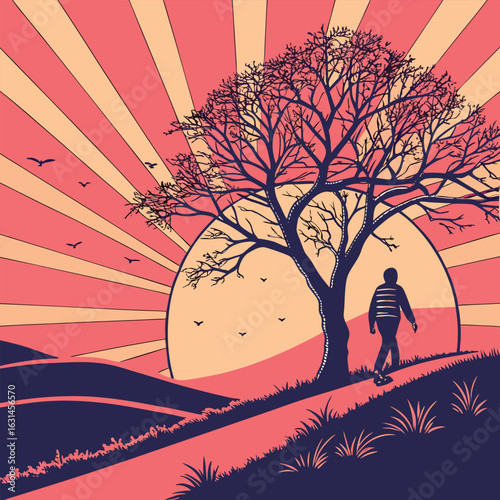 Solitary Walk at Sunrise: Silhouette of a solitary figure strolling along a path under a vibrant sunrise with an enchanting tree. This scene evokes feelings of peacefulness.
