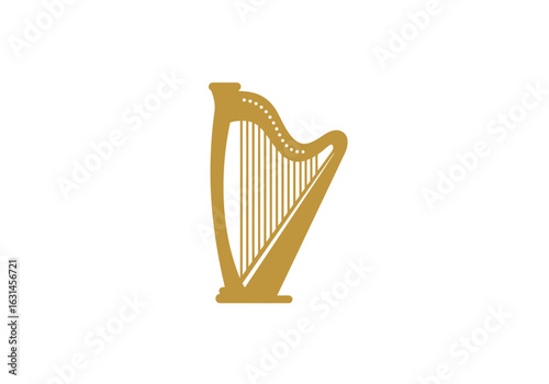 Golden minimalist harp, flat vector silhouette, classical music instrument symbol, Illustrator vector.