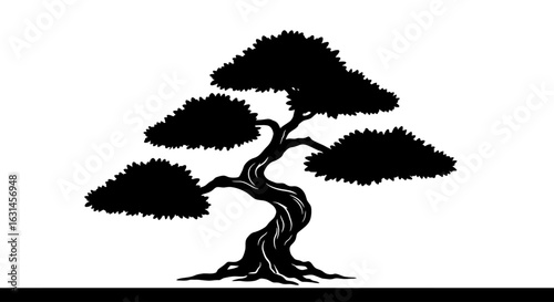 A stylized black bonsai tree with intricate branches, vector illustrator.