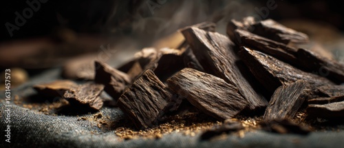 Premium agarwood chips carefully arranged showing natural wood texture and grain patterns perfect for traditional medicine and sacred incense production concepts.