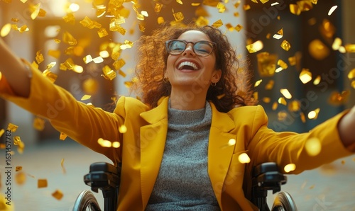 Young, happy, promoted disabled businesswoman in a wheelchair celebrating with gold confetti. This scene captures workplace promotion and the positive impact of inclusion, Generative AI