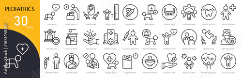 Pediatrics-related icon collections. Includes child, doctor, hospital, health, care, baby, treatment, medicine, and checkup icons. Outline icons.