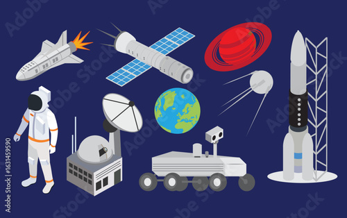 spaceship isometric space shuttle cosmic rocket orbital satellite mars rover planets space station isometric illustration spaceship spacecrafts cosmic technology set