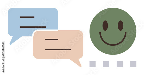 Speech bubbles with text lines and a green smiling face emphasize communication and positivity. Ideal for feedback, customer service, user experience, dialogue, cooperation, teamwork