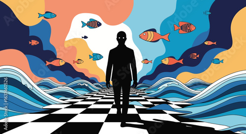 A silhouetted figure walks on a checkered path with stylized waves and swimming fish against an abstract colorful background.