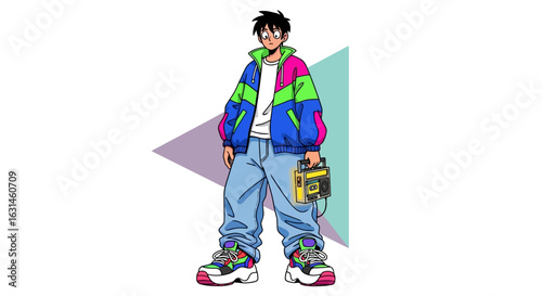 Cartoon illustration of a young man in a colorful jacket and jeans holding a vintage camera, against a geometric background.