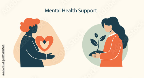 Illustration depicting mental health support, featuring two figures: one holding a heart, the other nurturing a plant.