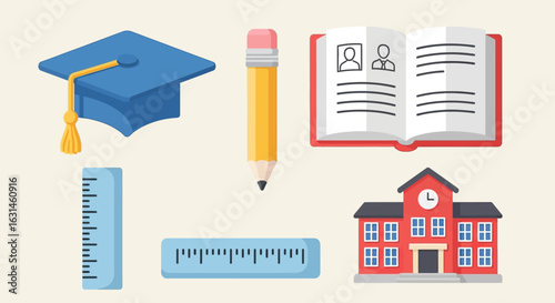 Illustration of graduation cap, pencil, open book, ruler, and school building against a light background, representing education and learning.