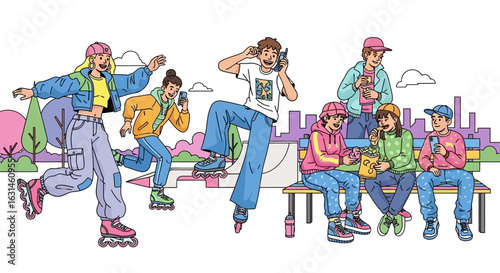 Illustration of young people roller skating, talking on phones, and relaxing in a park with a skate ramp and cityscape background.