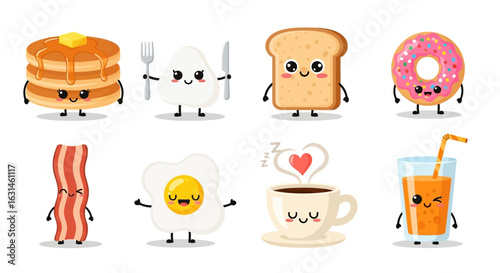 Cartoon breakfast food characters, including pancakes, eggs, toast, donut, bacon, coffee, and orange juice, all with cute, smiling faces and arms and legs.