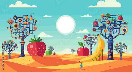 Whimsical landscape featuring oversized fruits, stylized trees with mechanical components, and a small figure in a surreal, colorful setting.