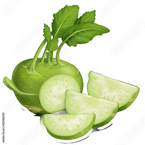 Fresh green kohlrabi with leaves and slices showcases the natural beauty and healthy appeal of this vegetable