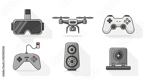 Six vector icons depicting modern technology: VR headset, drone, two game controllers, a speaker, and a wireless charger, all with a simple, flat design.