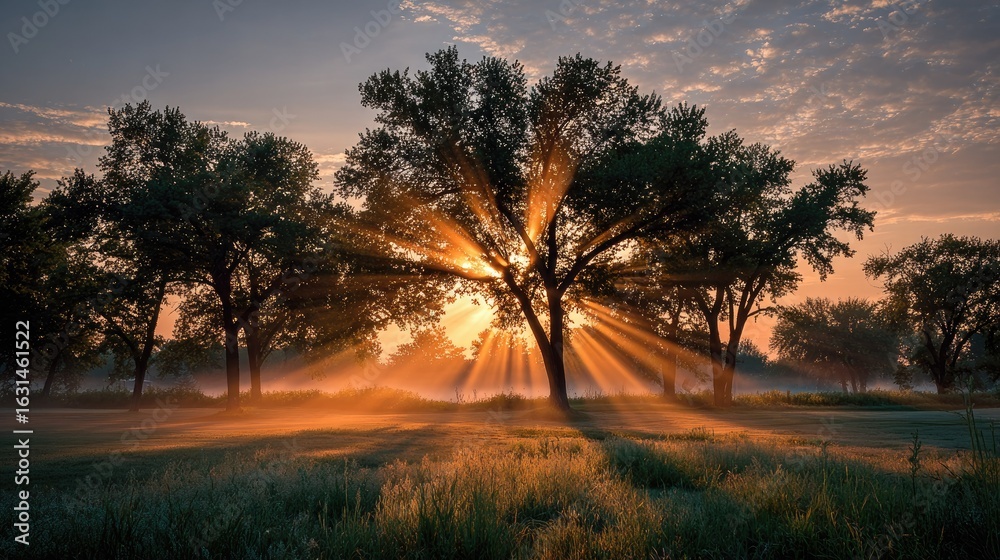 Naklejka premium Sunrise rays burst through a silhouetted tree in a misty field