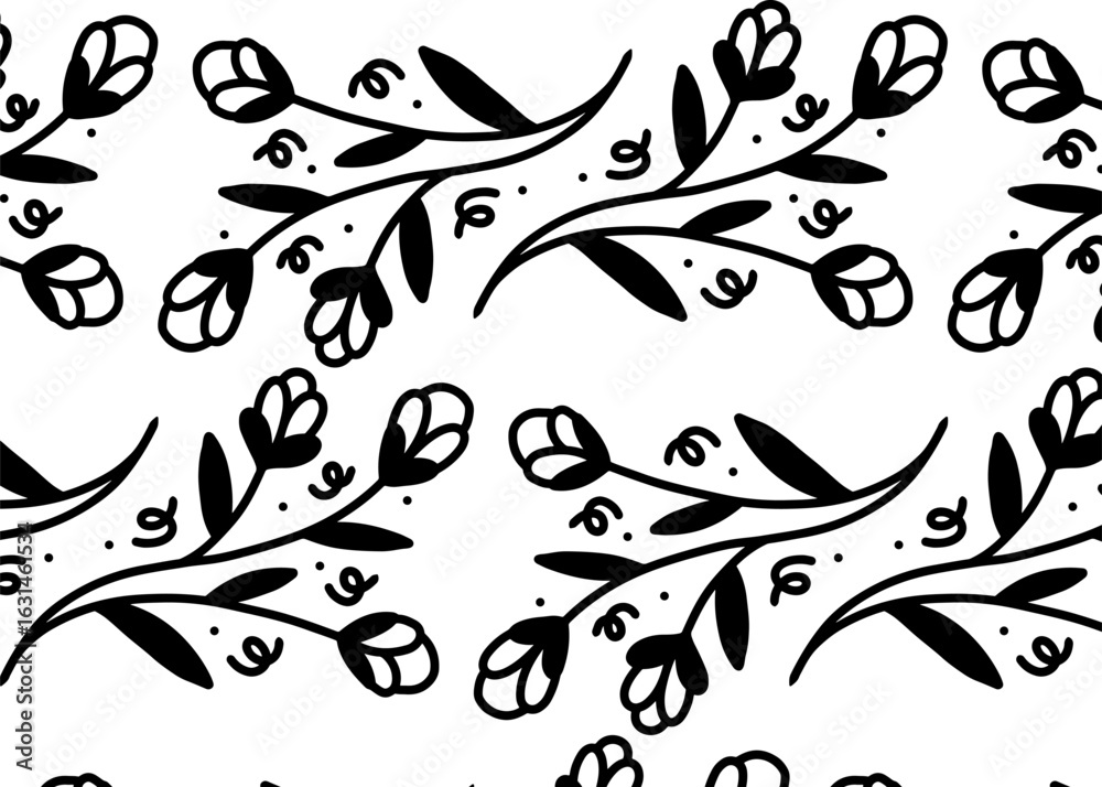 Fototapeta premium Floral vector tattoo illustration with black and white decorative swirls and plant silhouettes