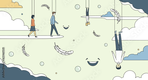 An illustration depicts two people walking on a path with upside-down figures hanging above, all amidst clouds and floating feathers, suggesting a dreamlike, surreal atmosphere.