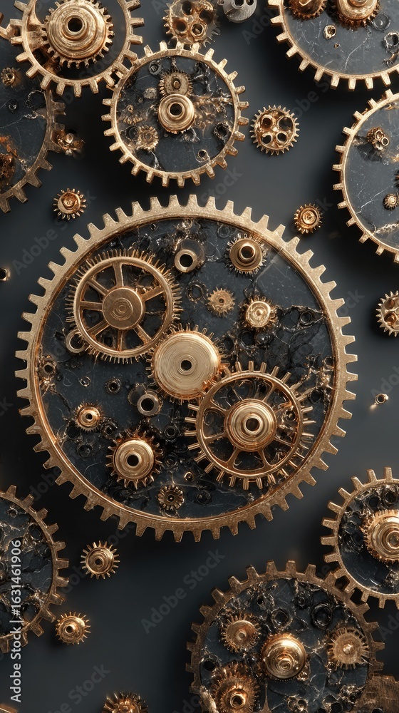 Intricate golden gears on dark background, complex mechanism Intricate golden gears on dark background, complex mechanism