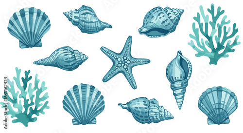 Seashells and Coral Reef Illustration with Starfish in Blue Tones for Marine Life Designs and Decoration