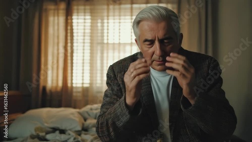 An elderly man sits alone, his expression filled with sadness and vulnerability, capturing a moment of emotional struggle and inner turmoil.
