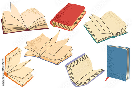 Set of colorful open and closed books in flat style. Educational and literary theme, perfect for school, libraries, reading or learning designs.