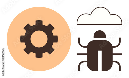 Gear icon, abstract bug, and cloud outline emphasize technology maintenance, error resolution, and cloud management. Ideal for debugging, tech support, cloud services, programming cybersecurity