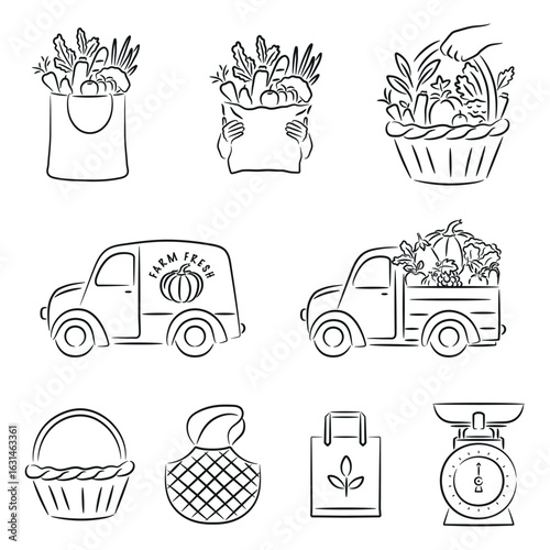 Line Art Local Produce and Delivery Icons, Bags, Baskets, Farm Fresh set, Farm Truck, Car, Scales, Vegetables, Fruits