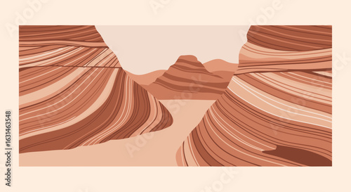 An illustration depicting a vast desert canyon with layered rock formations and distant mountains under a clear, warm sky.