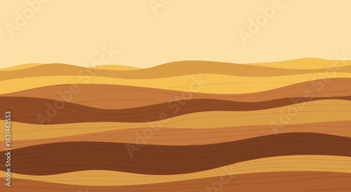 Abstract layered desert landscape with rolling sand dunes in warm earthy tones.