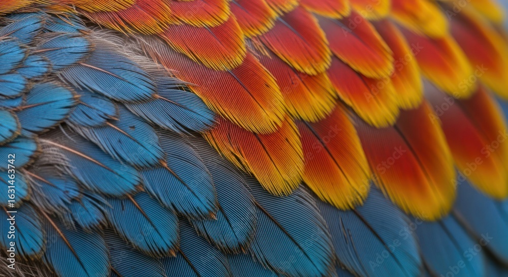 Obraz premium Colorful feathers texture. Blue, orange, and yellow avian plumage detail
