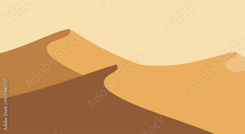 Minimalist illustration of undulating desert sand dunes under a clear, warm sky, depicting a vast arid landscape.