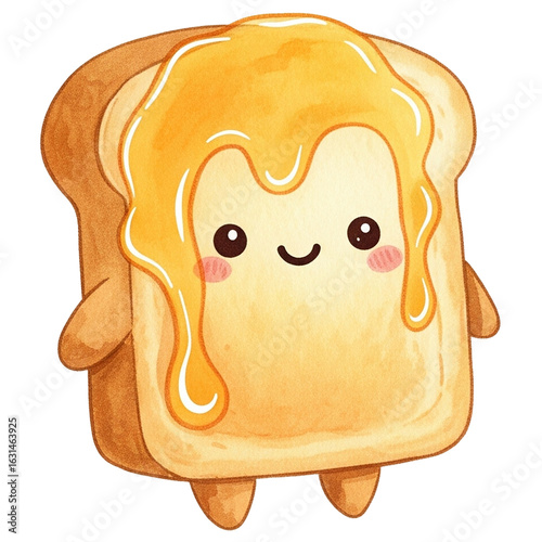 A cute, cartoon-style slice of bread with a smiling face and drizzled honey on top.