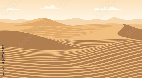Vast desert landscape featuring undulating sand dunes with intricate wind ripple patterns under a pale sky.