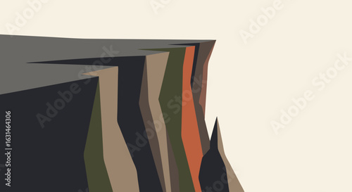 A stylized, geometric illustration of a layered cliff face with various earthy tones.