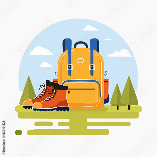 Hiking backpack and boots ready for adventure near a trail in the daytime