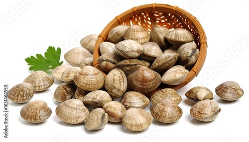 Fresh Clams Spilling from a Woven Basket with Isolated on White Background.
