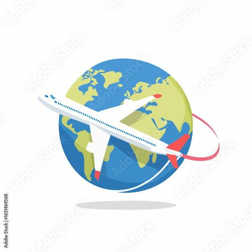 Jet aircraft ascending above terrestrial globe circumnavigating the world