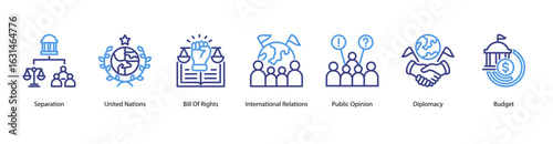 Political Foundations web banner icon vector illustration for separation of power, United Nations, Bill of Rights, international relations, public opinion, diplomacy, and budget.