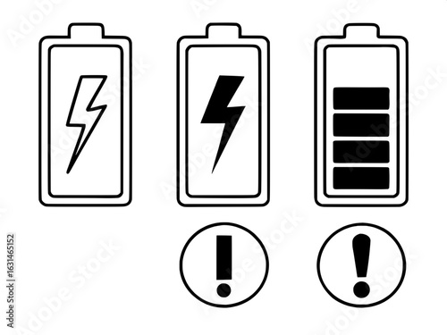"Design a set of battery icons in vector format for a mobile app interface, including charging, full battery, low battery, and battery error states."