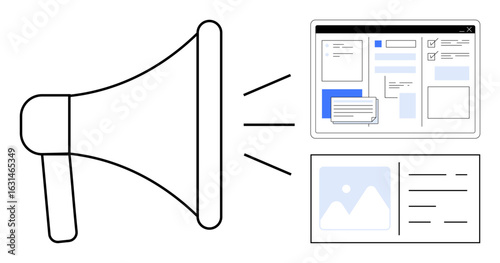 Simple megaphone projecting notifications to digital interfaces, representing communication, marketing, and content sharing. Ideal for branding, promotion, advertising, outreach, media awareness