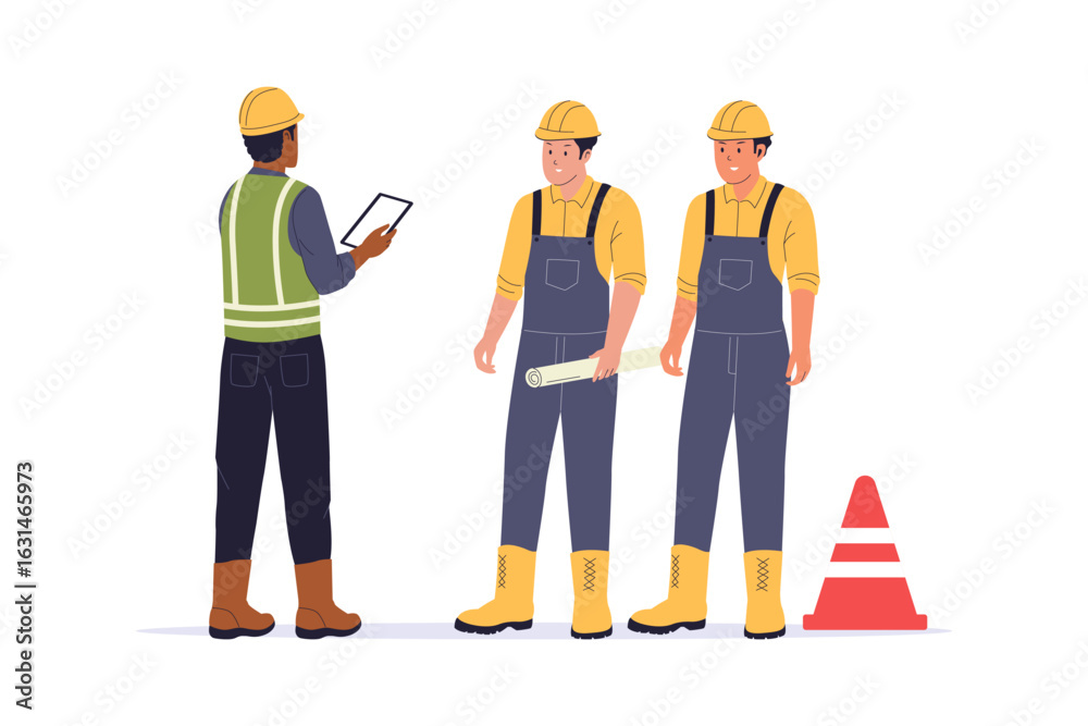 Obraz premium Construction Workers Team briefing Illustration. Flat Vector Illustration