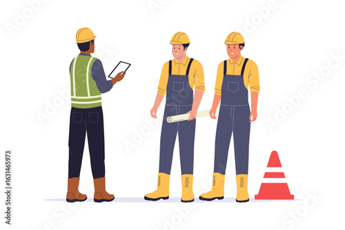 Construction Workers Team briefing Illustration. Flat Vector Illustration