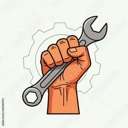 A hand firmly grips a wrench against a backdrop of a faint gray gear illustration.