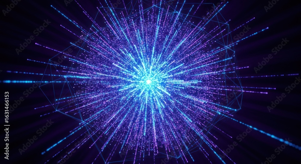 Fototapeta premium Explosive central light burst with particle streams and geometric shapes