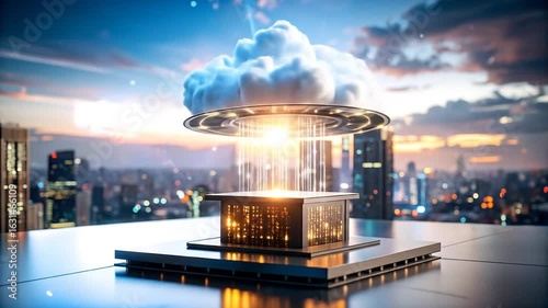 Futuristic Cloud Computing System Above Cityscape