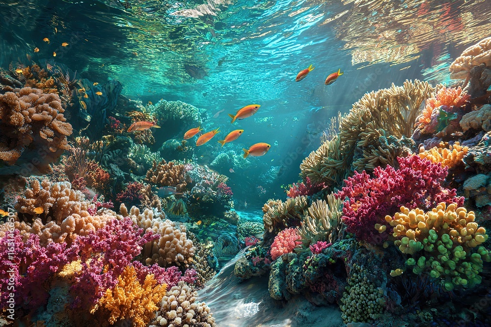 Naklejka premium An underwater scene showcasing vibrant coral reefs and colorful fish