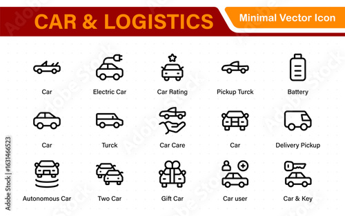 Car and logistics icons in modern thin line style. Covers vehicle hire, transport services, road trips, navigation, fuel, maintenance, and car-related logistics.