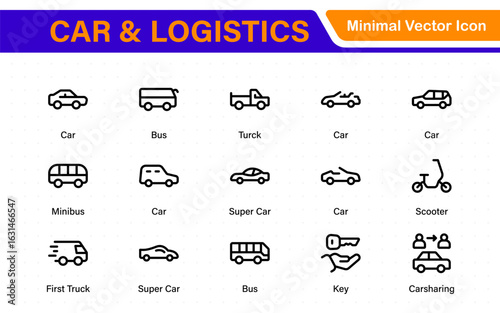 Car and logistics icons in modern thin line style. Covers vehicle hire, transport services, road trips, navigation, fuel, maintenance, and car-related logistics.