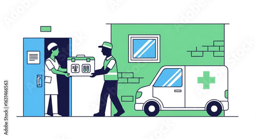 Medical delivery personnel exchanging supplies at a hospital entrance.